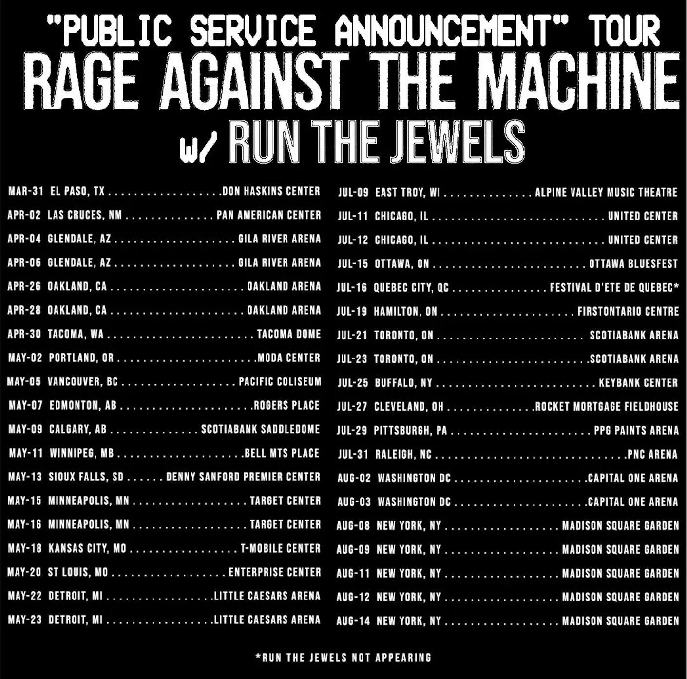 Rage Against the machine 2022 Tour dates